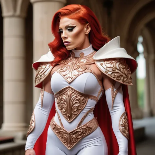 Prompt: Gorgeous muscular 25-year-old Czechian drag queen bodybuilder with bright red hair, wearing a regal tunic, ivory white, with armor sewn into the fabric. Cascading cape, draping from the shoulder lapel. Cottage core aesthetic. Delicate rose gold detailing.