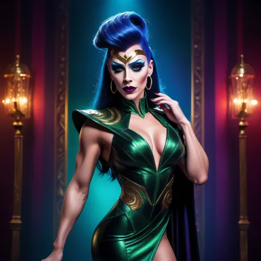 Prompt: If Loki was a gorgeous hyper-muscular 25-year-old drag queen with Dark eye makeup and dark lipstick. Wearing 8 inch stiletto high heel shoes.