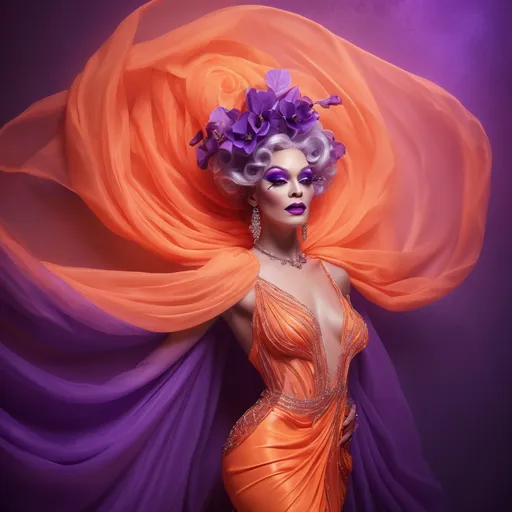 Prompt: Elegant French drag queen in stunning neon orange outfit, flowing fabric, captivating details, soft draping textures, shimmering accessories, mystical atmosphere, ethereal glow, dreamy background of blurred purples and violets, ultra-detailed composition, sophisticated and regal, conveying grace and beauty, high-resolution, vivid tones, enchanting vibe, capturing an air of mystery and allure.