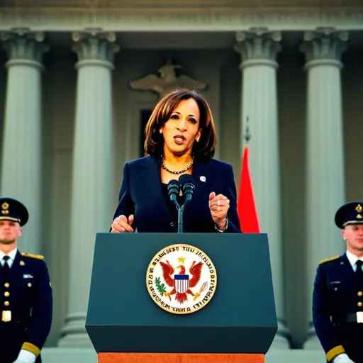 Prompt: Kamala Harris, with a fascist dictator   aesthetic, giving a speech in front of neo-classical architecture, with Wehrmacht soldiers in the background as well as a German double headed eagle statue in the background as well 