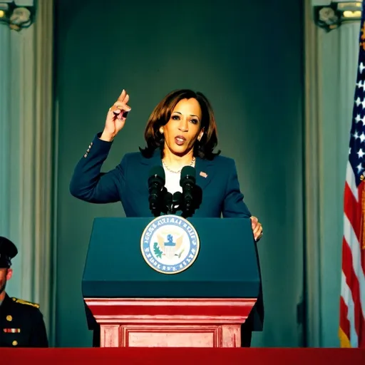 Prompt: Kamala Harris as a fascist dictator giving a speech in front of neo-classical architecture with soldiers in the background 