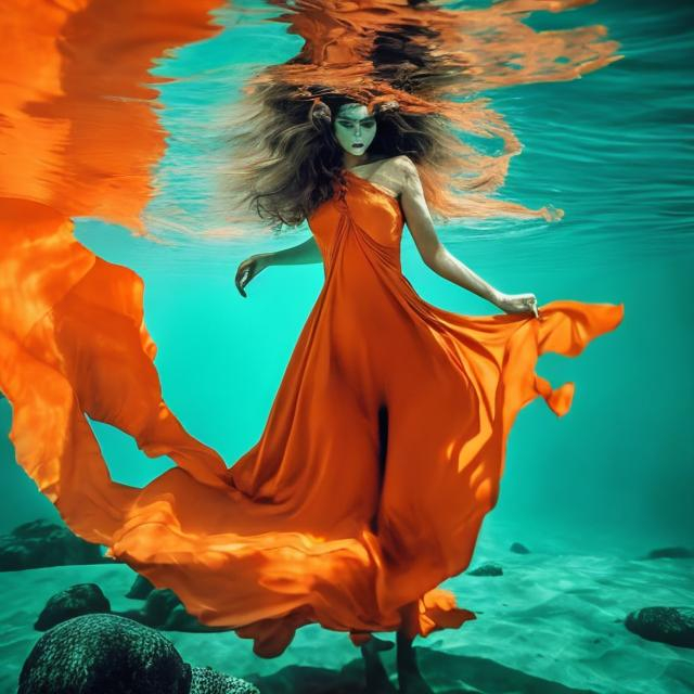 Prompt: Surreal underwater woman in orange flowing dress