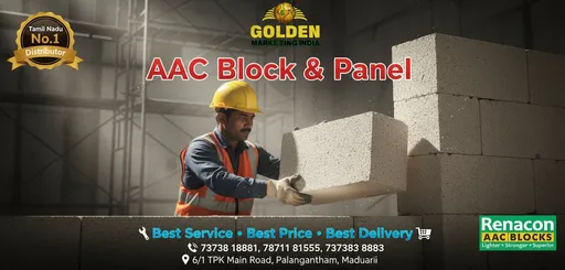 Prompt: Create a cinematic, high-contrast promotional poster for Golden Marketing India.
The poster should highlight AAC Block & Panel products by Renacon AAC Blocks.
Show a worker placing a white AAC block at a construction site with realistic lighting, clear shadows, and detailed textures.
Include the following text elements in a clean, modern commercial layout:

GOLDEN MARKETING INDIA (bold metallic gold text with a professional logo feel)

AAC Block & Panel (bold red cinematic font in the center)

Renacon AAC Blocks (green brand logo style at the corner)

Best Service • Best Price • Best Delivery (modern blue gradient text with icons)

📞 73738 18881, 78711 81555, 737383 8883

📍 6/1 TPK Main Road, Palangantham, Madurai

Badge: Tamil Nadu No.1 Distributor (gold badge with ribbon)
Background: subtle geometric or construction-themed patterns with soft light rays, no clutter.
Style: cinematic lighting, HDR tone, realistic texture, strong contrast, glossy finish, depth of field, professional advertisement poster.
Aspect ratio: 1:1 (square)