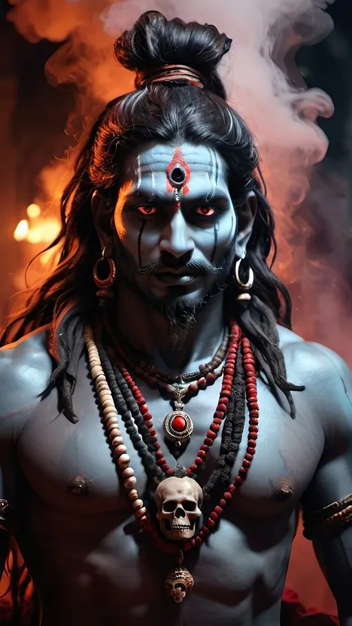 Prompt: Shiva sitting as a aghori with red eyes and all over rudraksh and human skulls