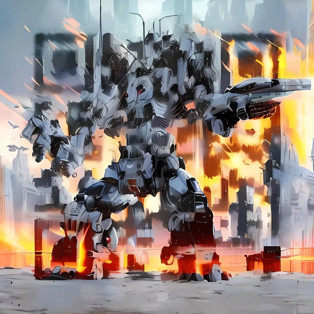 Prompt: masterpiece, best quality, mecha, no humans, black armor, blue eyes, science fiction, fire, laser canon beam, war, conflict, destroyed city background