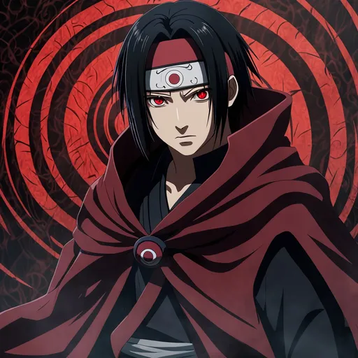 Prompt: (Itachi Uchiha) with (Rinnegan eyes), dynamic pose, intense expression, wearing his classic cloak and headband, dark and mysterious background with swirling shadows, dramatic and cinematic lighting highlighting facial features, detailed textures on clothing, anime style, fantasy theme, (4K), ultra-detailed artistry, an emotional atmosphere of power and conflict.