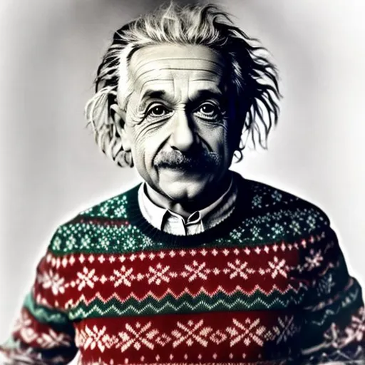 Prompt: Albert Einstein smiling and wearing an ugly Christmas sweater in color