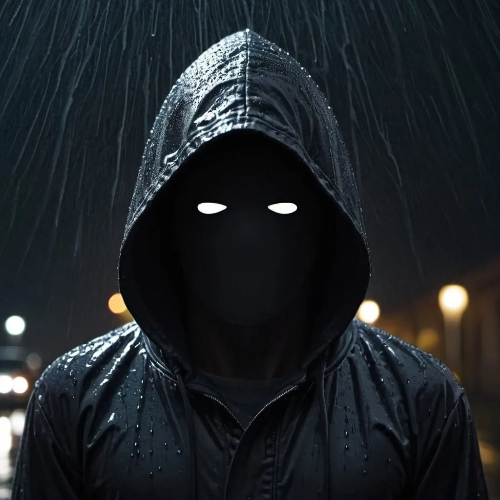 Prompt: Hooded Character In the rain at night with no face