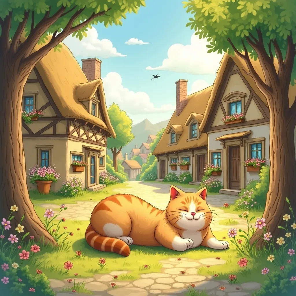 Prompt: A chabby cat in village background 
