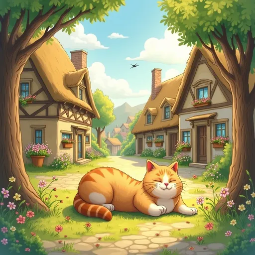 Prompt: A chabby cat in village background 
