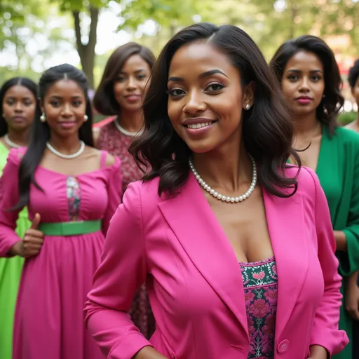 Prompt: Photorealistic depiction of 7 attractive African American graduate students, confidently looking straight ahead, dressed in vibrant pink and green outfits, elegantly accessorized with pearls. High-quality, ultra-detailed, capturing their young adult energy and camaraderie, set against a dynamic collegiate background that conveys the lively atmosphere of campus life. Bright and warm color tones enhance the inviting vibe of the scene.