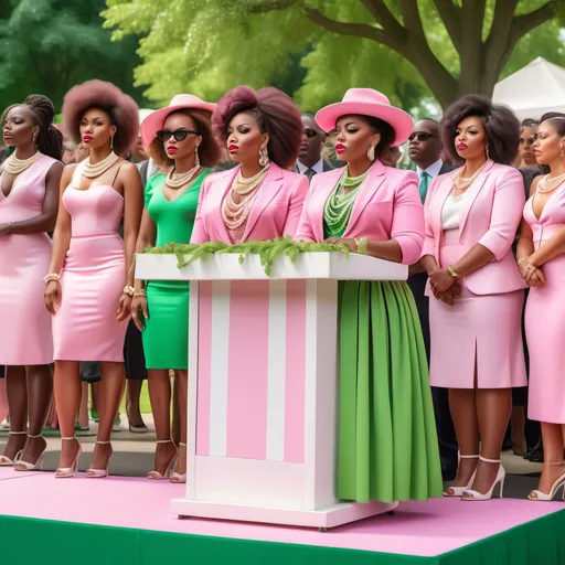 Prompt: Photorealistic image of a pink picnic table, elegantly dressed African American women aged 30 to 40 wearing stylish outfits in soft pink and vibrant green digital, adorned with strands of pearls, standing confidently behind a white podium. The audience of women in similar pink and green attire conveys an inspiring and empowering ambiance, surrounded by lush greenery in a bright, sunny setting to enhance the mood. 4K, ultra-detailed.