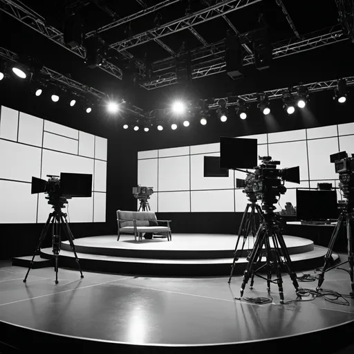 Prompt: TV show stage  black and white with cameras
