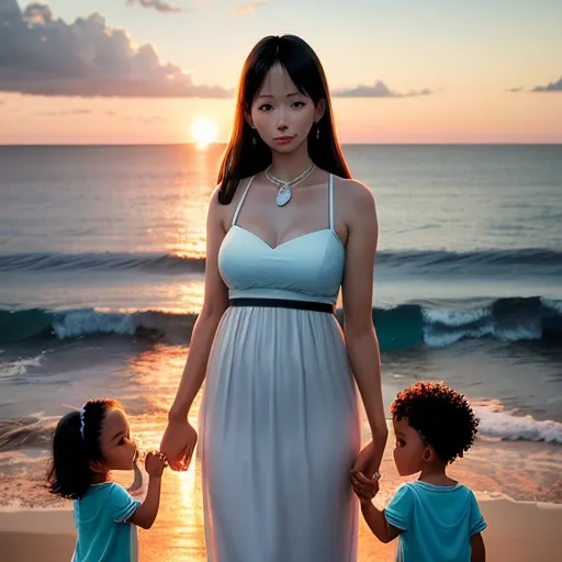 Prompt: A white mother with 3 children, ocean, sunset, sharp glass, protecting, baby girl