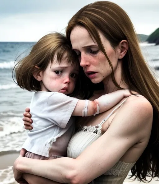 Prompt: A white mother brown hair with , thin, with baby girl, sad, beaten, hurt, crying, tired, depressed, overwhelmed, failure, successful, ocean, tears, protection, loss, disappointment,  