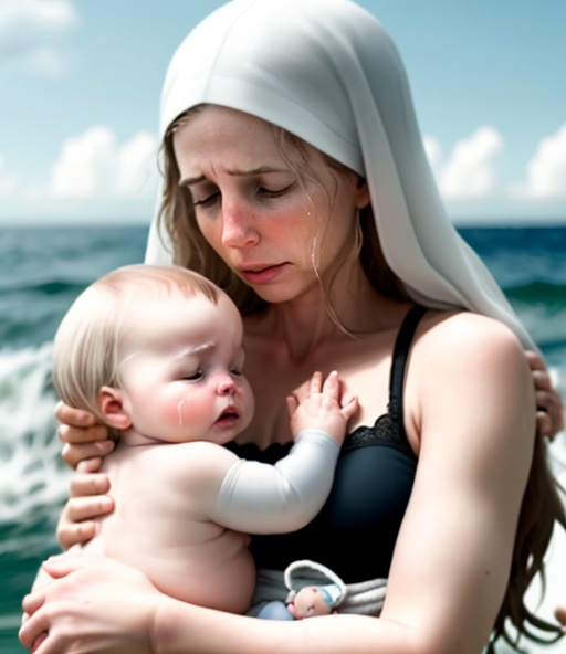 Prompt: A white mother, nursing a baby girl, sad, beaten, hurt, crying, tired, depressed, overwhelmed, failure, successful, ocean, tears, protection, loss, disappointment, 