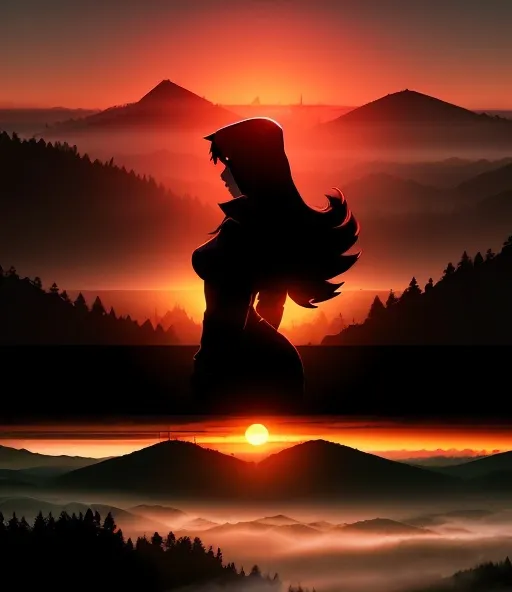 Prompt: Multiple layers of silhouette, vector style, sharp edges, sunset, heavy fog, silhouette Landscape wallpaper by Alena Aenami, firewatch game style, vector style background, stained glass, sunset lighting, detailed silhouettes, misty atmosphere, highres, vector art, atmospheric lighting, landscape, professional, intricate details, vibrant colors