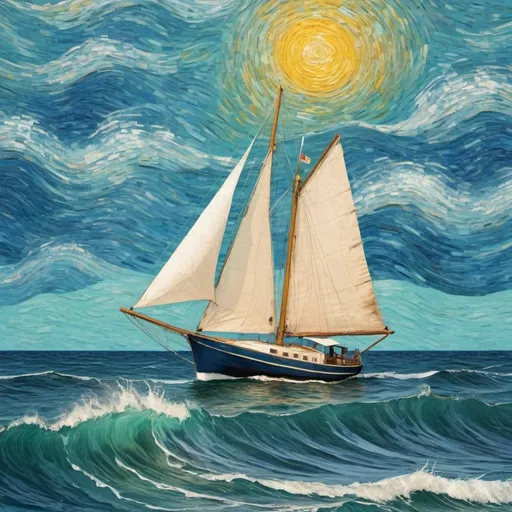 Prompt: Picture of a sailboat on the ocean with a lighthouse in the background inspired by the van Gogh style
