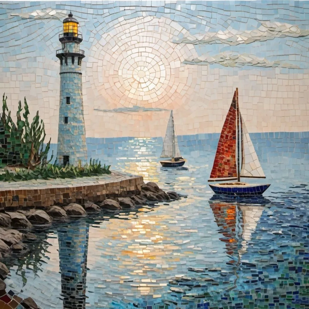 Prompt: Mosaic of a sailboat and a lighthouse in the Monet style