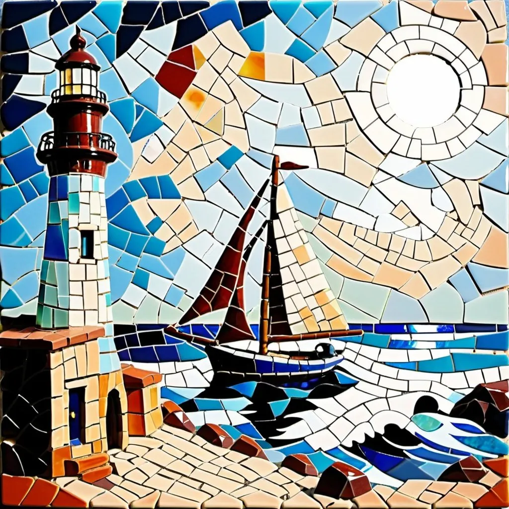 Prompt: Mosaic of a sailboat and a lighthouse in the Cezanne style. Tiles made of opels.