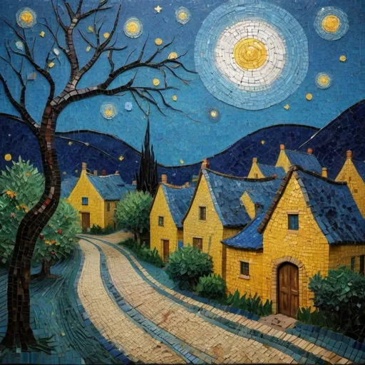 Prompt: Mosaic is that night sky above a village in the style of Vincent van Gogh's a starry night. Do not have a tree in the picture