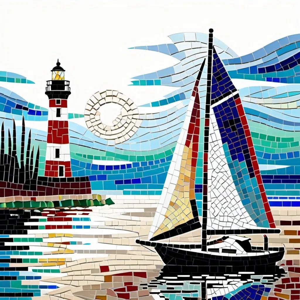 Prompt: Mosaic of a sailboat and a lighthouse in the Monet style