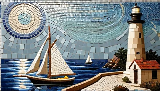 Prompt: Mosaic in the Vermeer style of a sailboat and 1 lighthouse. Only tiles, no mixed media