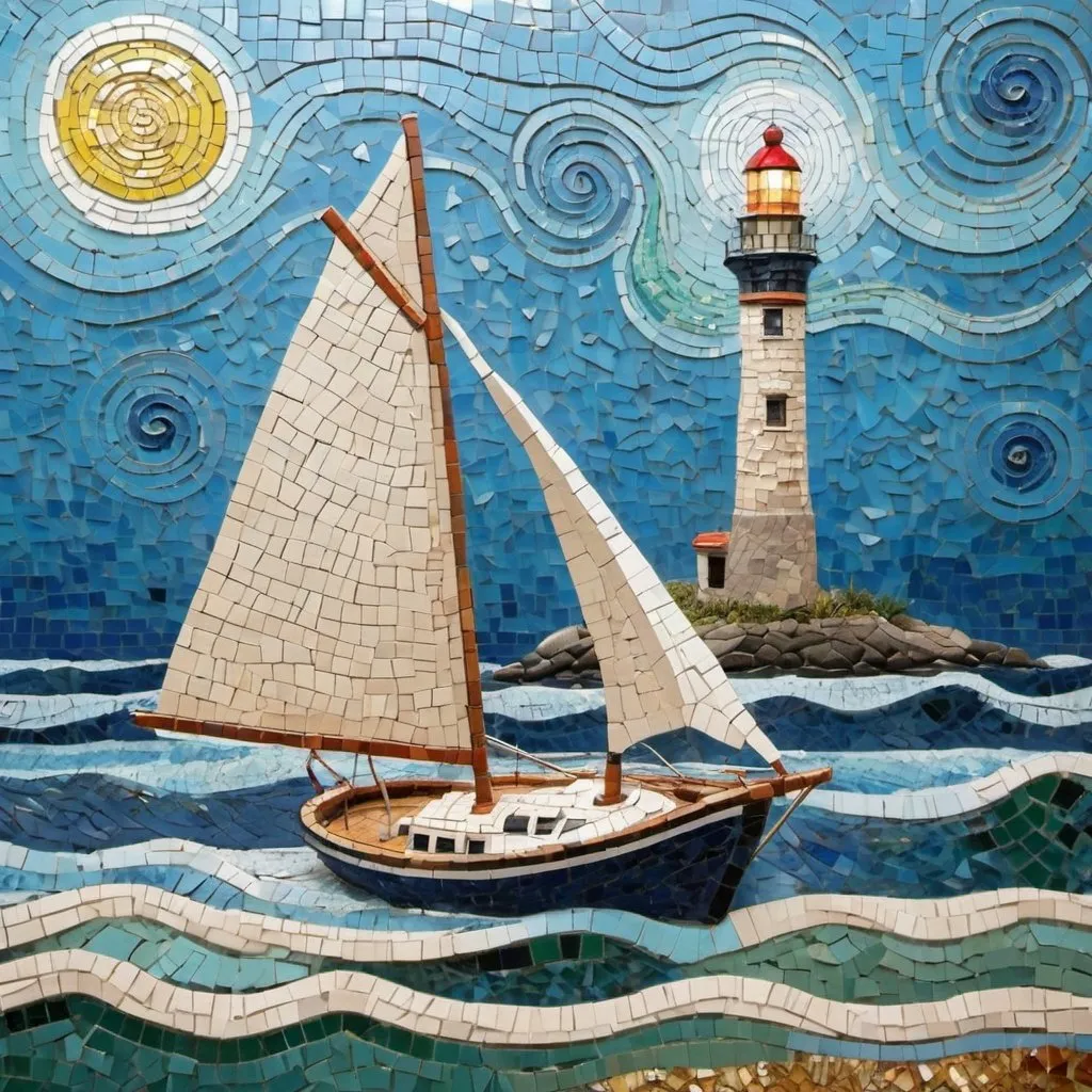 Prompt: Mosaic of a sailboat on the ocean with a lighthouse in the background inspired by the van Gogh's starry night style