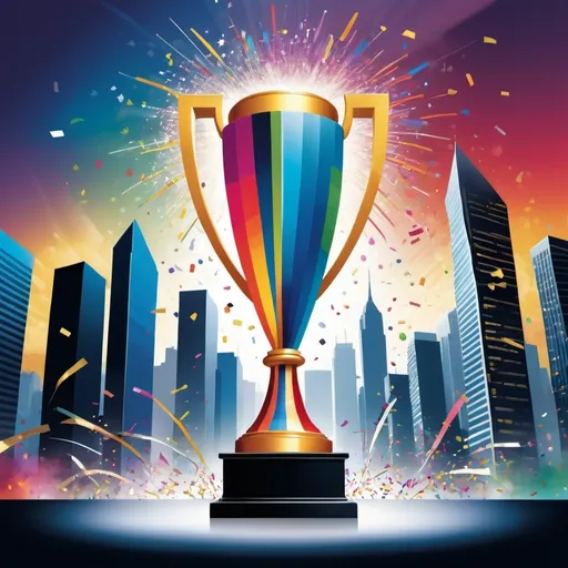 Prompt: A dynamic and visually striking image representing business success with a creative twist. The scene features a vibrant city skyline with towering skyscrapers, where one of the buildings is transformed into a glowing, oversized trophy or award, symbolizing business achievement. Surrounding the trophy-building are colorful streams of light and abstract graphs that spiral upwards, illustrating growth and success. The sky is filled with bursts of confetti and fireworks, adding an element of celebration. The overall mood should be energetic and triumphant, with bold and imaginative visual elements that highlight the unique and extraordinary nature of business success