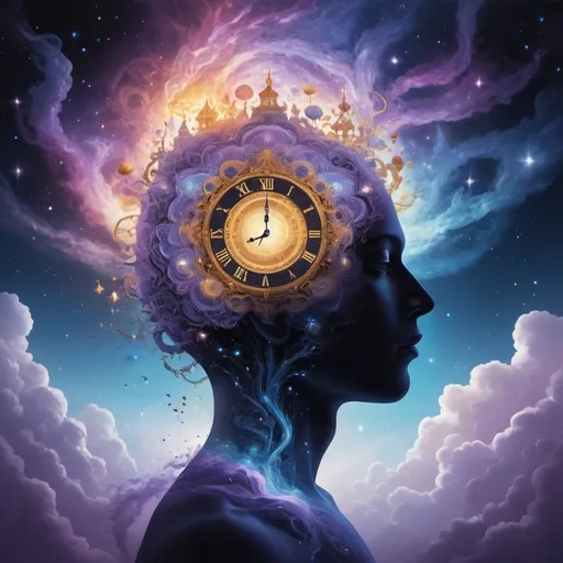 Prompt: A mesmerizing and surreal image representing the depths of the subconscious mind. The scene is filled with a blend of abstract, dreamlike elements such as floating islands, swirling clouds, and intricate patterns. At the center, a human silhouette is depicted in a meditative pose, with their head surrounded by a glowing, ethereal light that radiates outward, symbolizing thought and introspection. Inside the silhouette’s head, a vivid galaxy of stars, nebulae, and cosmic elements represents the vastness and complexity of the subconscious. Surrounding the figure are various symbolic images such as eyes, clocks, and keys, floating and intertwined with wisps of smoke and light trails. The overall color palette is rich and varied, with deep blues, purples, and golds creating a mystical and captivating atmosphere. The overall mood should be enigmatic, profound, and otherworldly, capturing the essence of the hidden depths of the subconscious mind