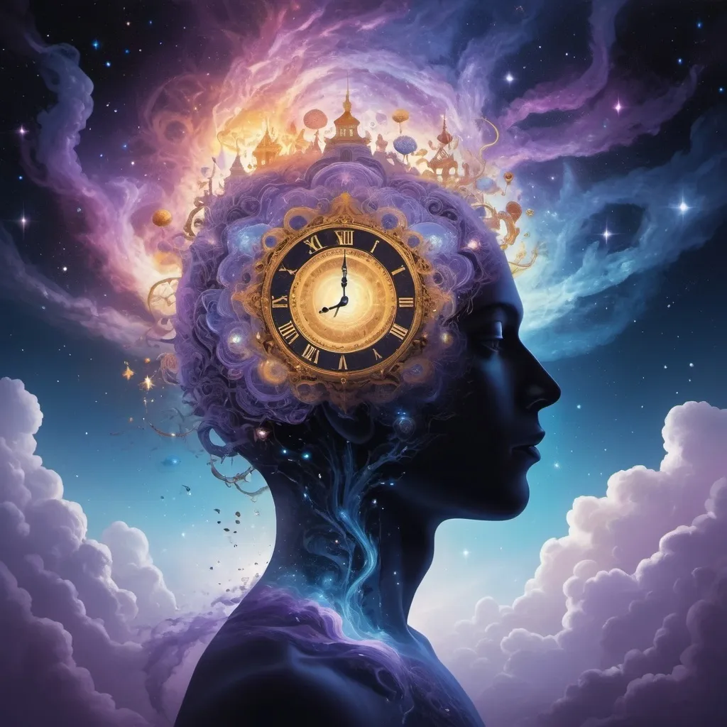 Prompt: A mesmerizing and surreal image representing the depths of the subconscious mind. The scene is filled with a blend of abstract, dreamlike elements such as floating islands, swirling clouds, and intricate patterns. At the center, a human silhouette is depicted in a meditative pose, with their head surrounded by a glowing, ethereal light that radiates outward, symbolizing thought and introspection. Inside the silhouette’s head, a vivid galaxy of stars, nebulae, and cosmic elements represents the vastness and complexity of the subconscious. Surrounding the figure are various symbolic images such as eyes, clocks, and keys, floating and intertwined with wisps of smoke and light trails. The overall color palette is rich and varied, with deep blues, purples, and golds creating a mystical and captivating atmosphere. The overall mood should be enigmatic, profound, and otherworldly, capturing the essence of the hidden depths of the subconscious mind