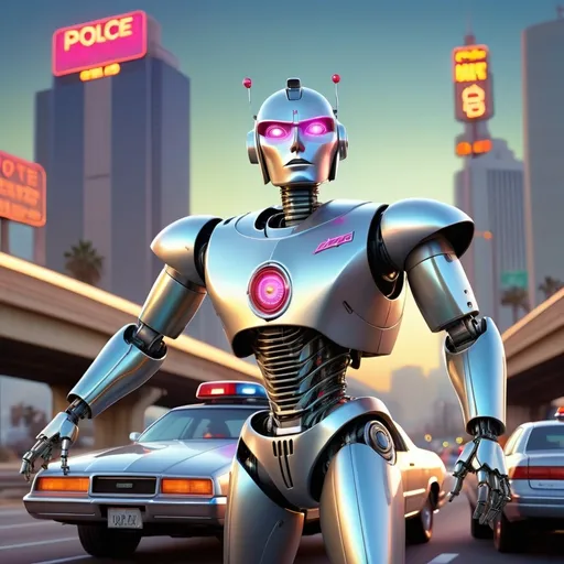 Prompt: (vibrant theme), (retro futurist robot) in gleaming silver, (dramatic confrontation) with (futurist police), (realism) capturing an odd predicament, (upset cyborg) set against a lively future Los Angeles freeway, (ultra-detailed) scenery, (high-quality), normal size car that Cyborg stands beside, bright neon colors illuminating the scene, emotions of surprise and tension palpable in the atmosphere.