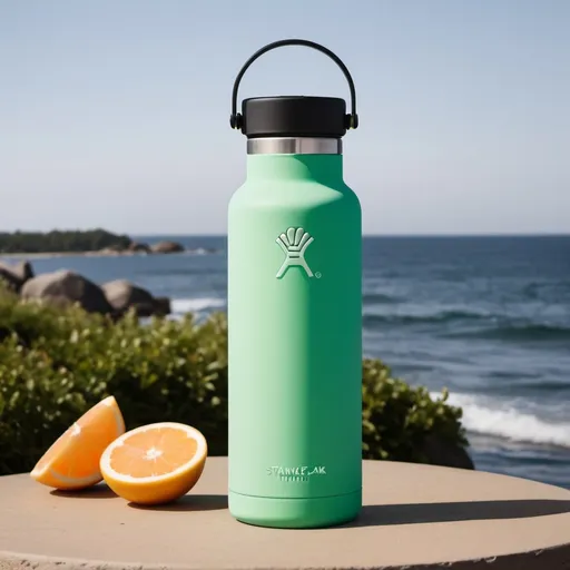 Prompt: (highly detailed product design), water bottle (inspired by Stanley Cup, Hydro Flask, Frank Green), featuring a lid, straw, and handle, sleek silhouette, (minimalist style), (stylish appearance), vibrant colors, attention to texture, ergonomic design, (modern), high-quality finish, ultra-detailed, fresh and functional vibe, impeccable craftsmanship, visually appealing, suitable for sustainable living and outdoor activities.