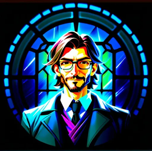 Prompt: Logo design, High quality, male doctor, braid hairstyle, rectangular glasses, big barb, sleek design, cool tones, cyberpunk style, atmospheric darker, dark green, neon and glitch, stained glass windows on background, smile,