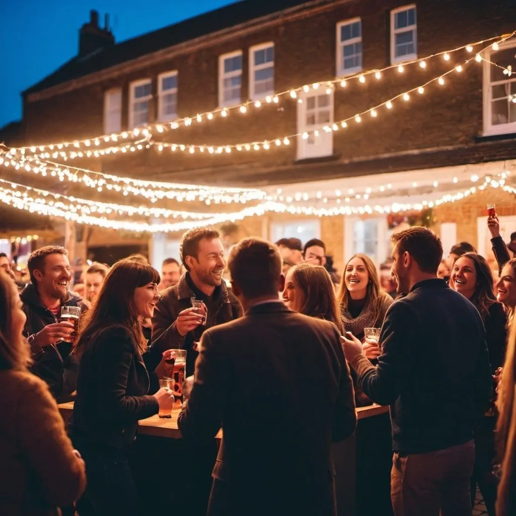 Prompt: People in an outside venue with festive lighting dancing and drinking having fun. 