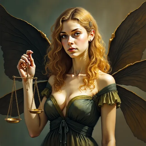 Prompt: A fairy with long dark blond hair, red lips and blue eyes is looking at the camera.  She has large dark colored dragonfly like wings. She is holding The Scales Of Justice. 