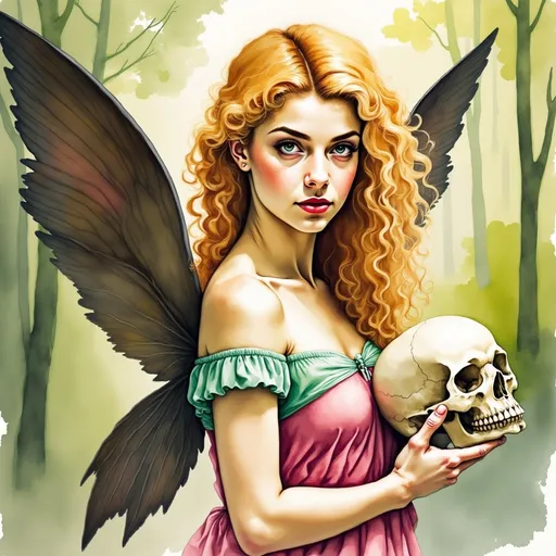 Prompt: A fairy with blonde cury hair, pail skin, red lips and blue eyes looks at the camera.  She has large dark colored wings. She is wearing pink and green She is holding a Skull in one hand.  There is a forest background behind her. 
