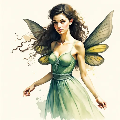 Prompt: A fairy with long dark hair, red lips and blue eyes is looking at the camera.  She has large dark colored butterly like wings. She is dancing 