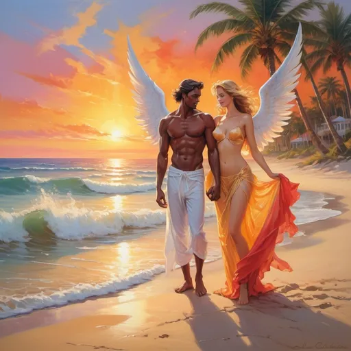 Prompt: (magnificent devil and angel), vibrant beach scene, (colorful sunset), soft waves lapping at the shore, both figures express joy and relaxation, elegant designs on their outfits, glowing with ethereal light, playful atmosphere, (ultra-detailed), vivid colors blending in the sky, tranquil ambiance, beautiful palm trees in the background, warm golden sunlight casting a serene glow; idyllic holiday setting.