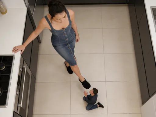 Prompt: @EC2O2esmMNL9UGCj5cCN In her denim buttoned form fitting dress, stands in a modern kitchen area in an apartment she has cornered a tiny 2-inch man on the light colour tiled floor in front of her. He is no bigger than the palm of her hand. With her palm on a kitchen unit to shoe support her balance, she takes a dangerously close step towards him causing him to fall to his knees in fear, begging for her forgiveness. Alma revels in power and dominance, feeling euphoric pleasure from experiencing his fear of her as she hovers her shoed foot over him. Create the scene in a portrait view with a bird's-eye camera perspective.