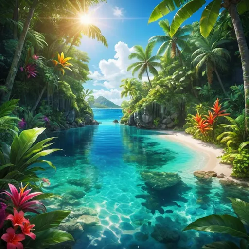 Prompt: Vibrant tropical paradise with lush greenery, crystal-clear water, colorful flowers, high quality, summer vibes, paradise, tropical, vibrant colors, lush foliage, crystal-clear water, colorful flowers, highres, ultra-detailed, picturesque scenery, serene atmosphere, sunlight filtering through the foliage, tropical paradise, detailed water reflections, professional, vivid lighting