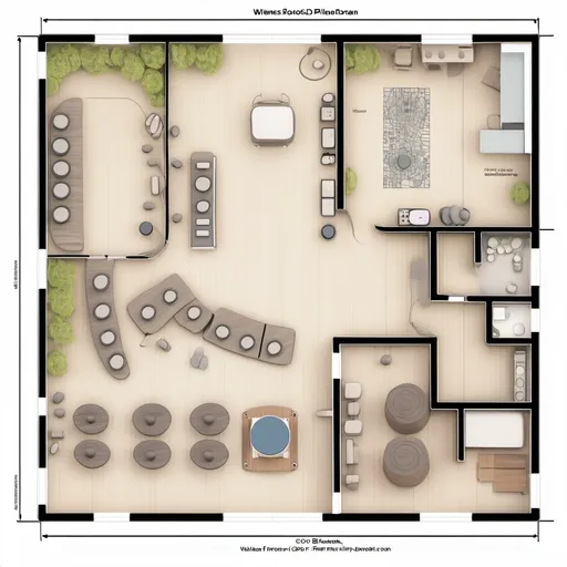 Prompt: A detailed CAD drawing of a wellness floor plan.   SPace such as yoga room, meditation room , art therapy room , music therapy room , nutrition cafe , workshop session area 