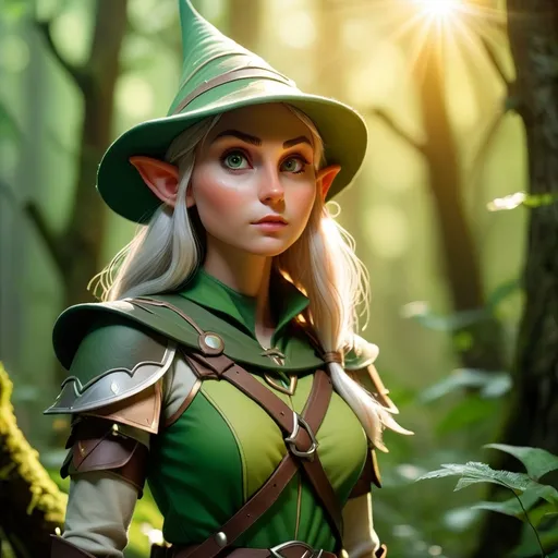 Prompt: Elf ranger in a mystical forest around sunlight