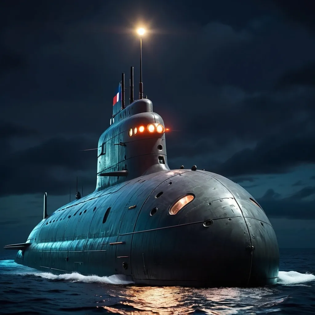 Prompt: Futuristic Russian submarine rise at night in middle ocean