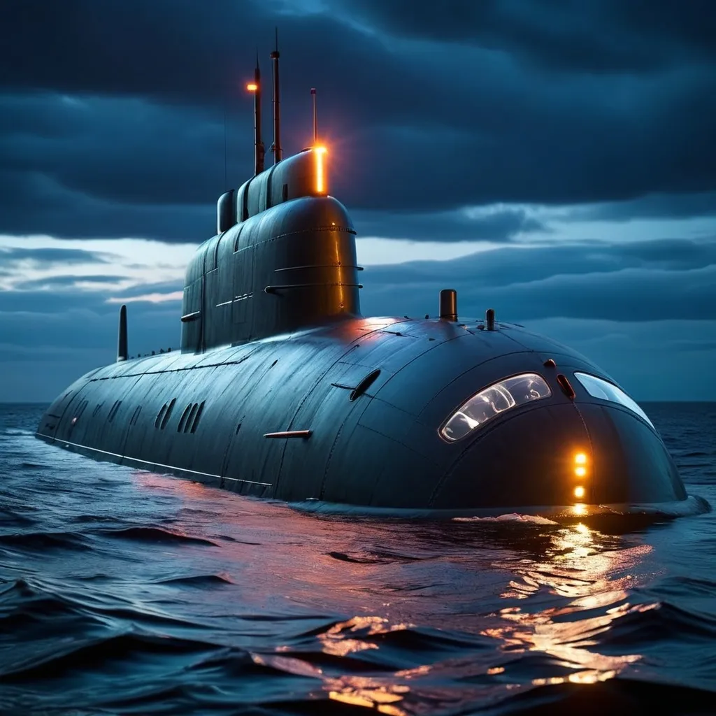 Prompt: Futuristic Russian submarine rise at night in middle ocean