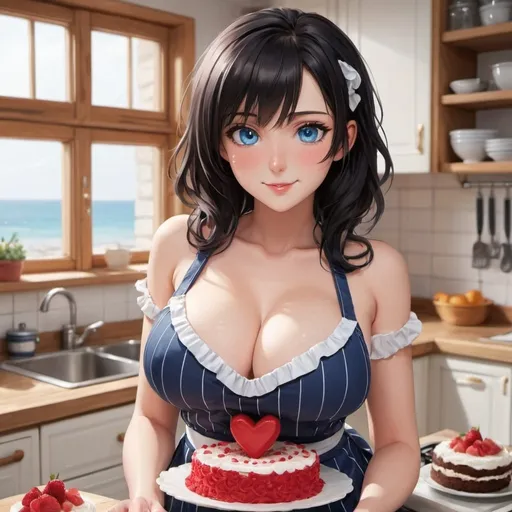 Prompt: high detail, masterpiece, perfect sensual eyes, from_behind, deailed hands, looking at viewer, very bigbreasts，blue eyes，reddish black hair ，sensual smile，perfect body ,open the chest，apron swimwear kitchen，cake，heart shaped apron