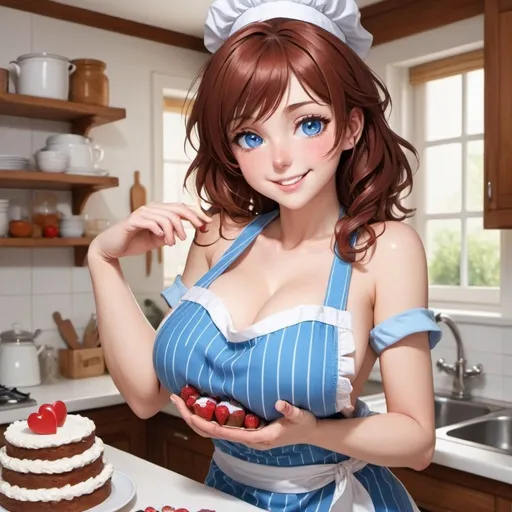Prompt: high detail, masterpiece, perfect eyes, deailed hands, looking at viewer, very bigbreasts，blue eyes，reddish brown hair ，sensual smile，perfect body ,open the chest，apron swimwear kitchen，cake，heart shaped apron