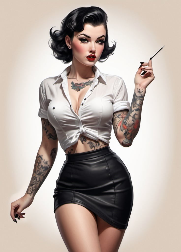 Prompt: I need a pin up style sketch of a tattooed young woman, full length, beautiful, with an athletic body, illuminated face, a short white shirt, (cleavage), short dark hair, black skirt with polka dots blown by the wind, black shoes high-heeled