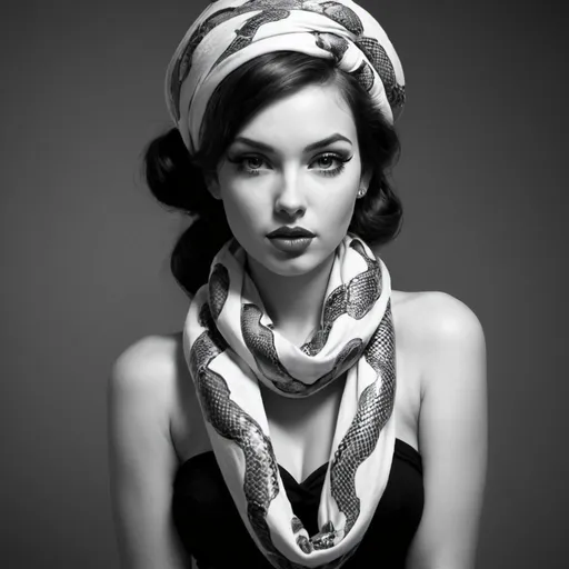 Prompt: I need a pinup style sketch, in black and white, of a young woman, full length, beautiful, illuminated face, with snake hair, with a scarf tied to her head