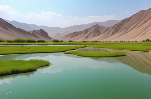 Prompt: Choghakhor Lagoon, (vibrant wetlands), stunning ecological site in spring, (endemic species), set in Chaharmahal and Bakhtiari Province, Iran, breathtaking natural beauty, lush landscapes, reflections in tranquil water, foreground with flora native to Zagros Mountains, expansive skies, (4K), ultra-detailed environment, harmonious ecosystem, serene ambient lighting conveying peace and biodiversity, (high-quality nature photography).